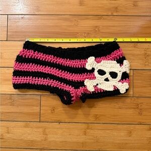 NEW Handmade crochet pink and black striped booty shorts with skull design